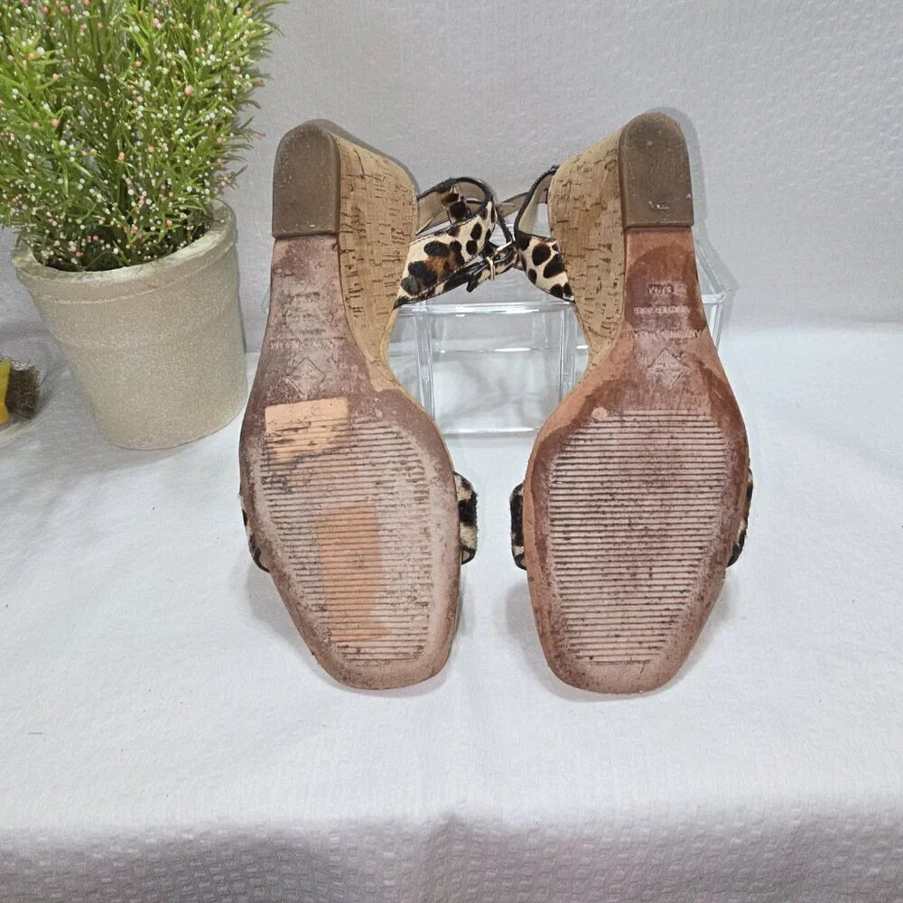 ANTONIO MELANI LEATHER ANKLE STRAP WEDGE SANDAL LEOPARD PRINT WOMENS SIZE 8.5